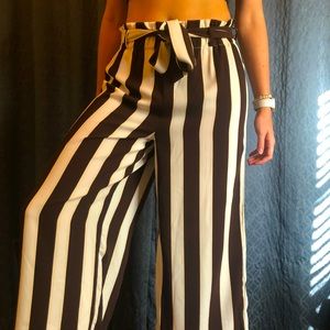 Brown and White Striped Flared Pants